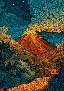 Volcanic Landscape with Flowing Lava River