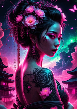 Geisha with floral hair and tattoos