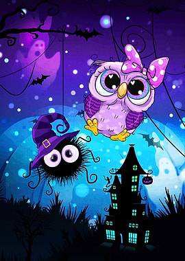 Cute Halloween Cartoon with Owl and Spider