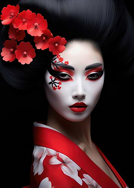 Geisha Portrait with Red Flowers