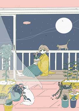 Balcony Night Scene with Girl and Cats