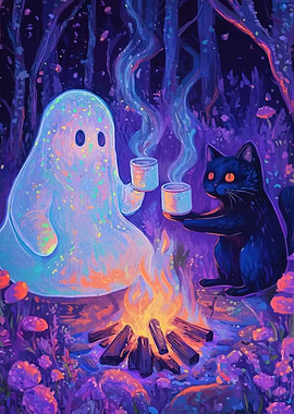 Ghost and Cat by Campfire