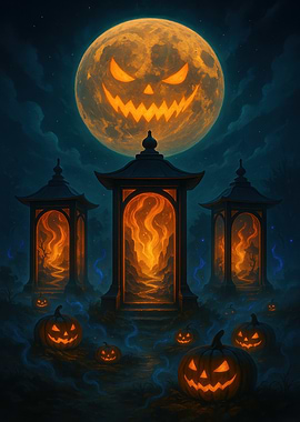 Halloween Night with Jack-o'-lantern Moon
