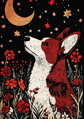 Dog, Moon, and Flowers Illustration