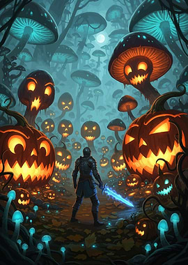 Halloween Knight in Pumpkin Mushroom Forest