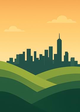 Cityscape with Green Hills Illustration