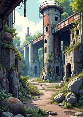 Overgrown Industrial Ruins Landscape