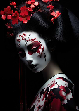 Geisha with Red Floral Makeup