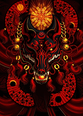 Red and Black Kitsune Mask Art
