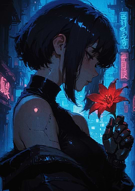 Cyberpunk Girl with Red Flower