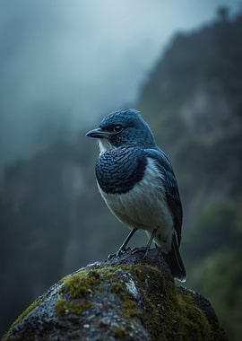 Blue Songbird in Misty Mountains