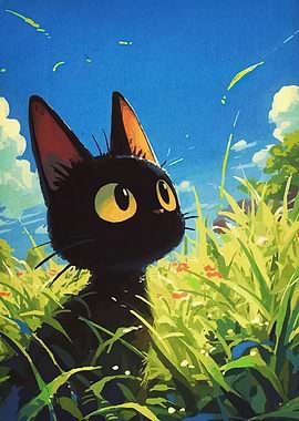 Black Cat in Field Anime Style