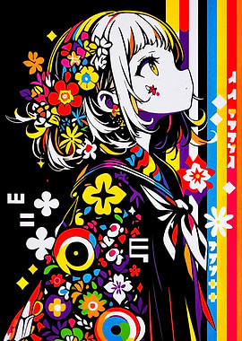 Colorful Anime Girl with Floral Accents