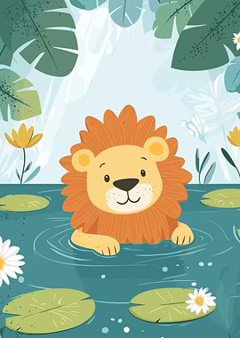 Cute Lion in Pond Illustration