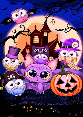Halloween Cartoon Owls and Bat