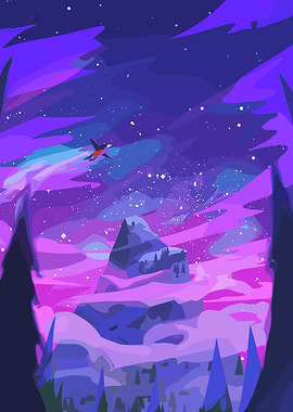 Purple Mountain Landscape with Flying Bird