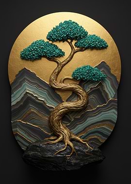 Golden Bonsai Tree with Mountain Backdrop