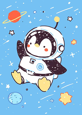 Astronaut Penguin in Space Illustration