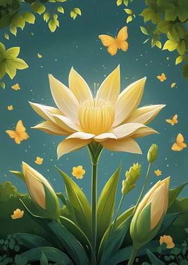 Yellow Lotus Flower and Butterflies