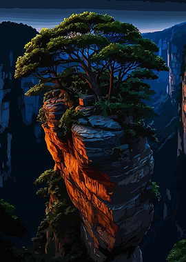 Mountain Peak with Tree Landscape Art