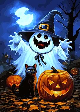 Halloween Ghost, Cat, and Pumpkins