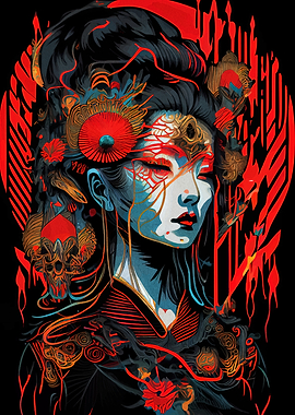 Geisha Portrait with Red and Gold Accents