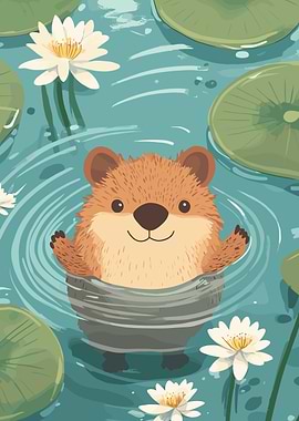 Cute Otter in Pond with Lilies