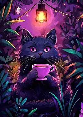 Black cat drinking tea in jungle