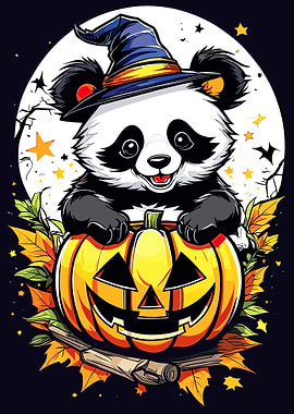Halloween Panda with Pumpkin and Witch Hat