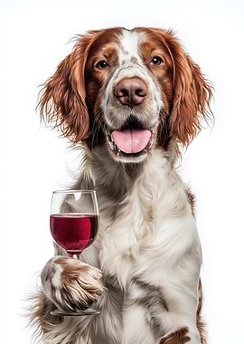 Irish Red and White Setter dog with Wine Glass