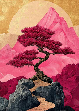 Pink Bonsai Tree Mountain Landscape Art