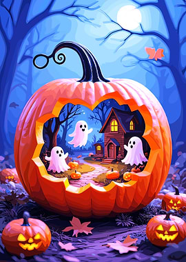 Halloween Pumpkin House with Ghosts