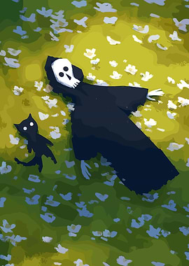 Death and Cat in Flower Field