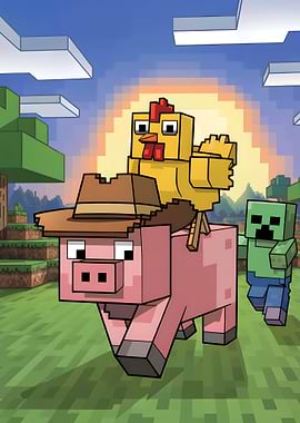 Minecraft Pig, Chicken, and Zombie Cartoon