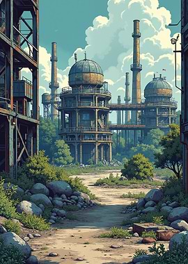 Overgrown Industrial Landscape with Domed Structures