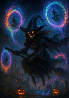 Creepy Witch Flying on Broomstick