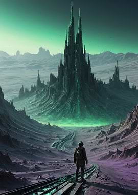 Lone Traveler Before the Emerald Spire — Dystopian Alien Landscape