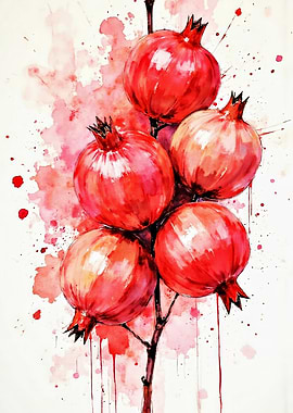 Watercolor Pomegranates on Branch