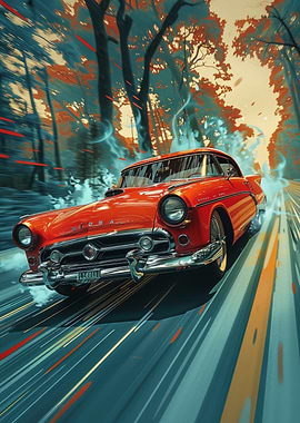 Red Classic Car Speeding Through Forest