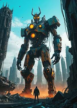 Colossal Battle Mech Towering Over a Dystopian City — Futuristic Robot Illustration