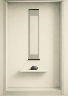 Minimalist Japanese Room with Scroll and Stone