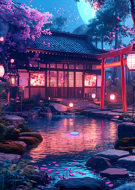 Japanese Garden with Torii Gate and Pond