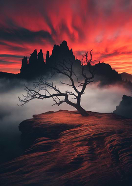 Red Sky and Dramatic Tree Silhouette