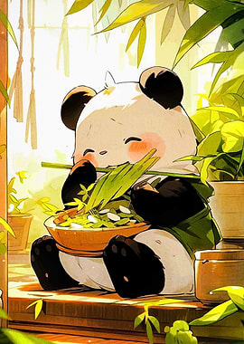 Cute Panda Eating Bamboo Illustration