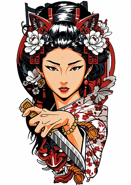 Fox-eared Geisha with Katana Illustration