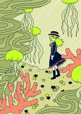 Anime Girl in Underwater Fantasy Landscape