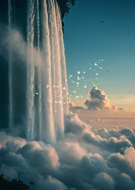 Waterfall flowing into clouds with birds