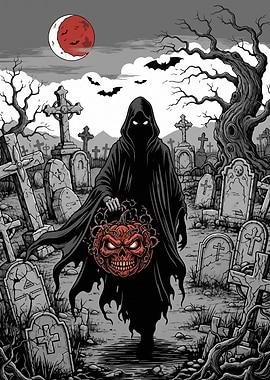 Grim Reaper with Pumpkin in Graveyard