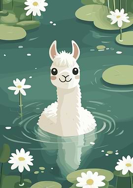 Llama in Pond with Daisies