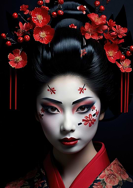 Geisha Portrait with Red Floral Accents